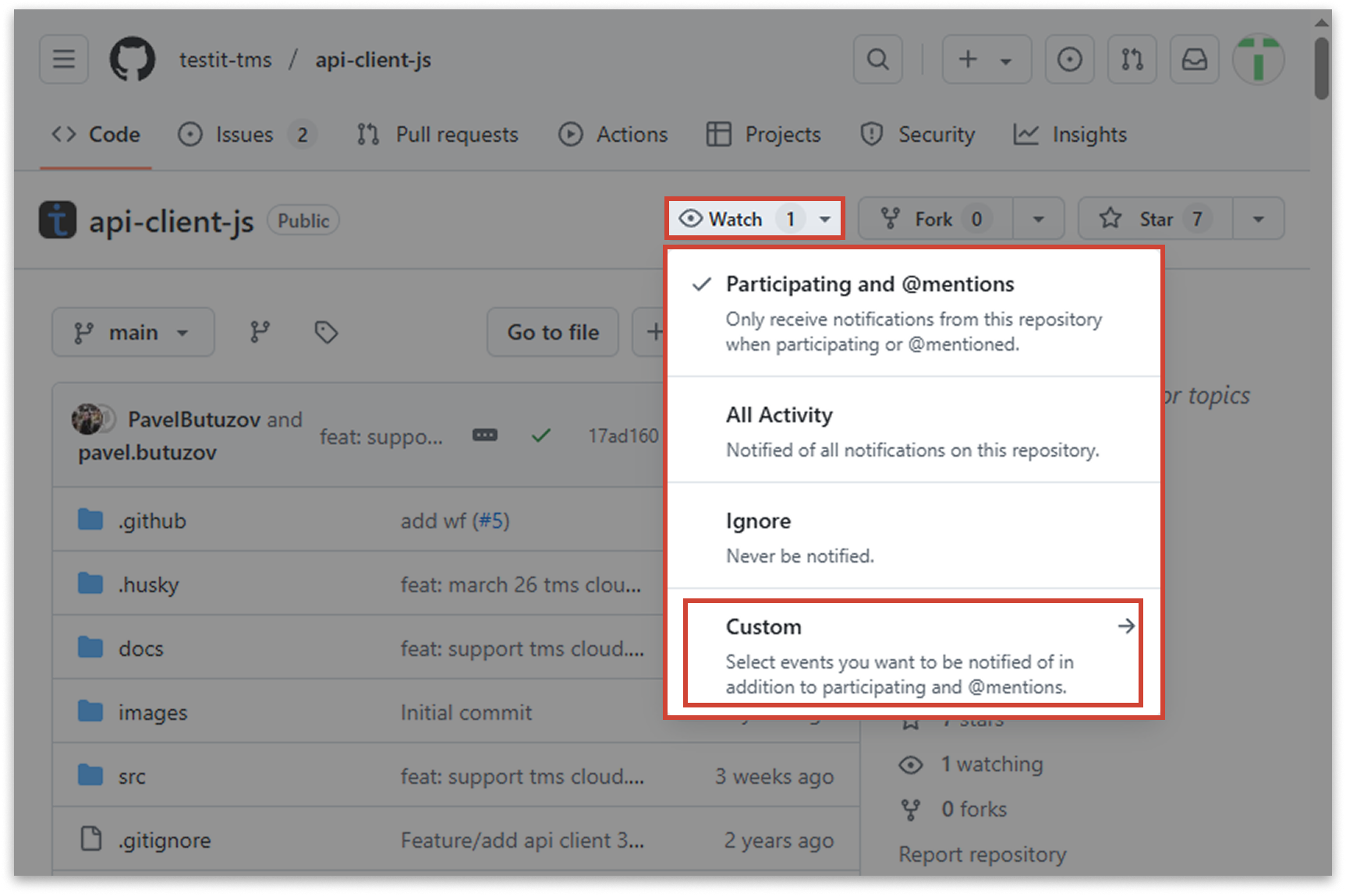 Подписка на обновления адаптера Test IT в GitHub