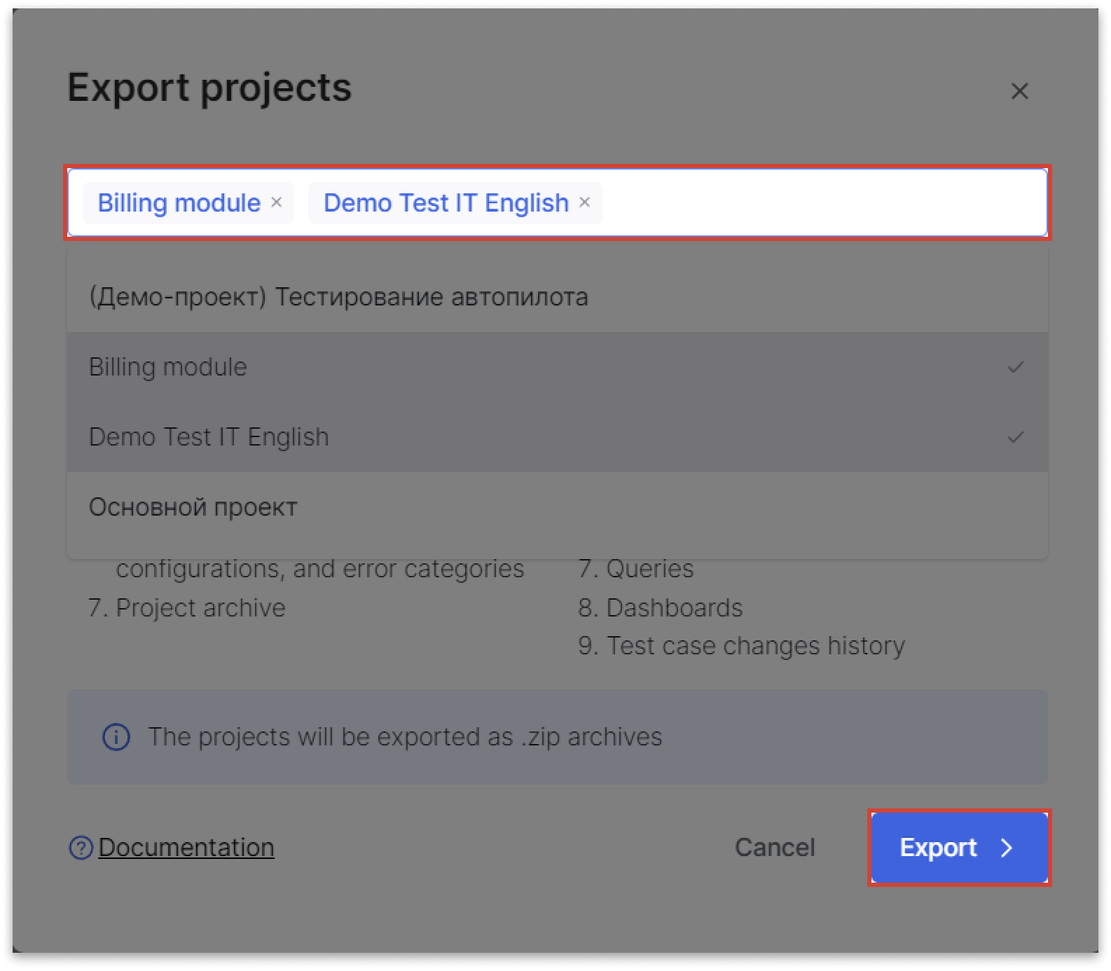 Bulk project export from Test IT TMS, the Export projects window