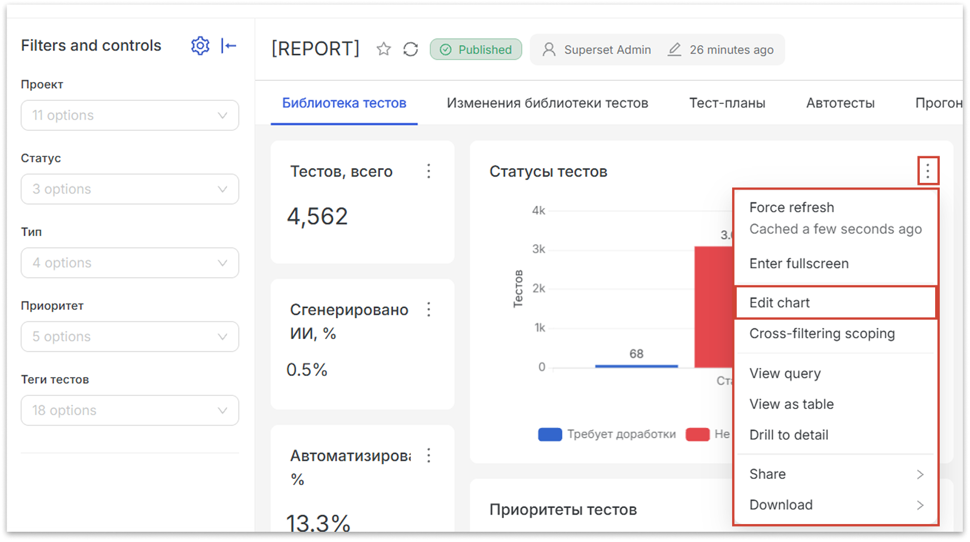 Редактирование виджета Apache Superset для Test IT