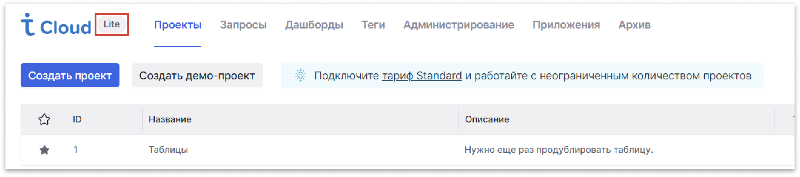 Информация о тарифе в Test IT TMS